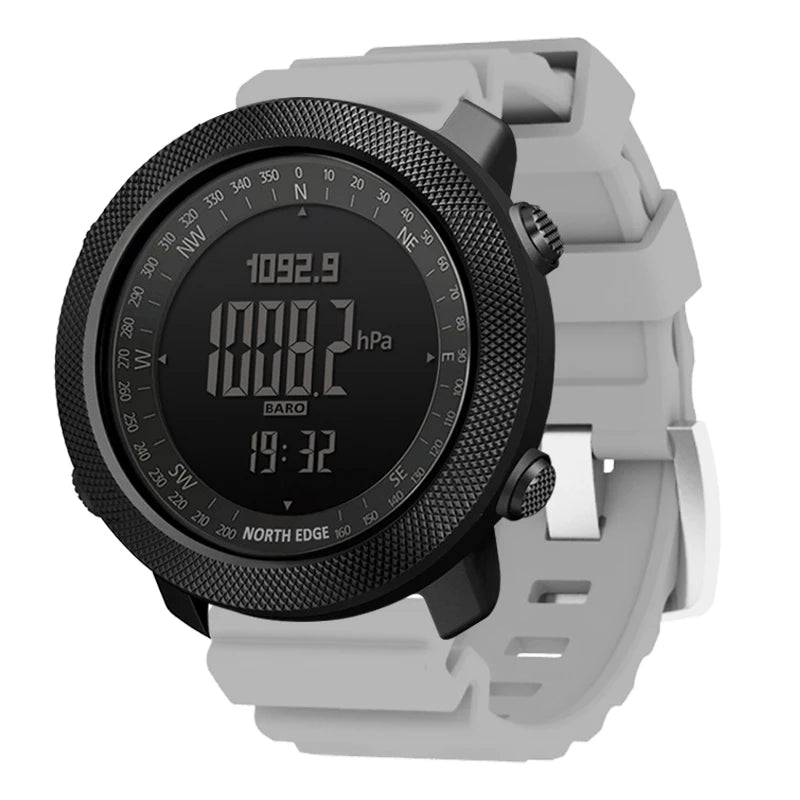 Relógio esportivo digital masculino NORTH EDGE com horímetro, função de corrida e natação, estilo militar, altímetro, barômetro e bússola, à prova d'água até 50 metros.