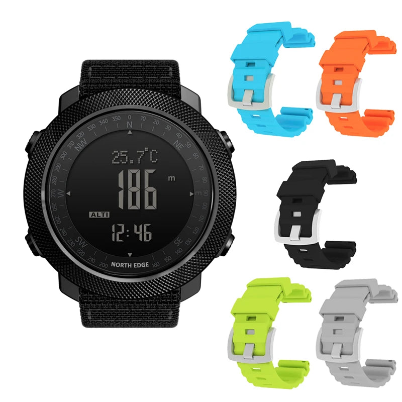Relógio esportivo digital masculino NORTH EDGE com horímetro, função de corrida e natação, estilo militar, altímetro, barômetro e bússola, à prova d'água até 50 metros.