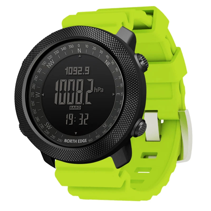 Relógio esportivo digital masculino NORTH EDGE com horímetro, função de corrida e natação, estilo militar, altímetro, barômetro e bússola, à prova d'água até 50 metros.