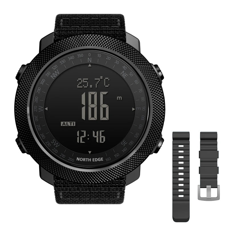 Relógio esportivo digital masculino NORTH EDGE com horímetro, função de corrida e natação, estilo militar, altímetro, barômetro e bússola, à prova d'água até 50 metros.