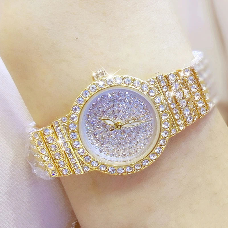 Relógio Feminino de Luxo com Diamantes – Pulseira em Aço Inoxidável Rose Gold