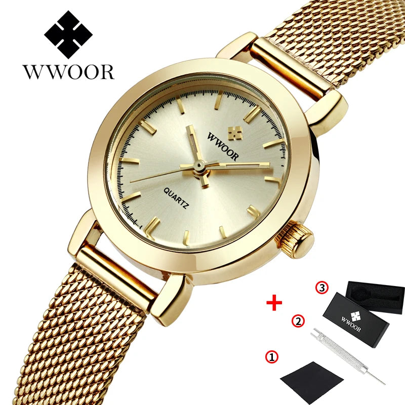 WWOOR Relógio Feminino de Luxo com Pulseira Mesh em Aço Inoxidável – Resistente à Água 3 Bar