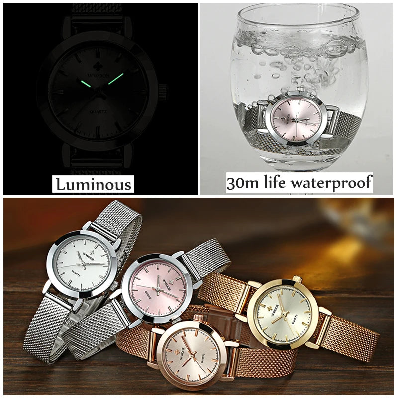 WWOOR Relógio Feminino de Luxo com Pulseira Mesh em Aço Inoxidável – Resistente à Água 3 Bar