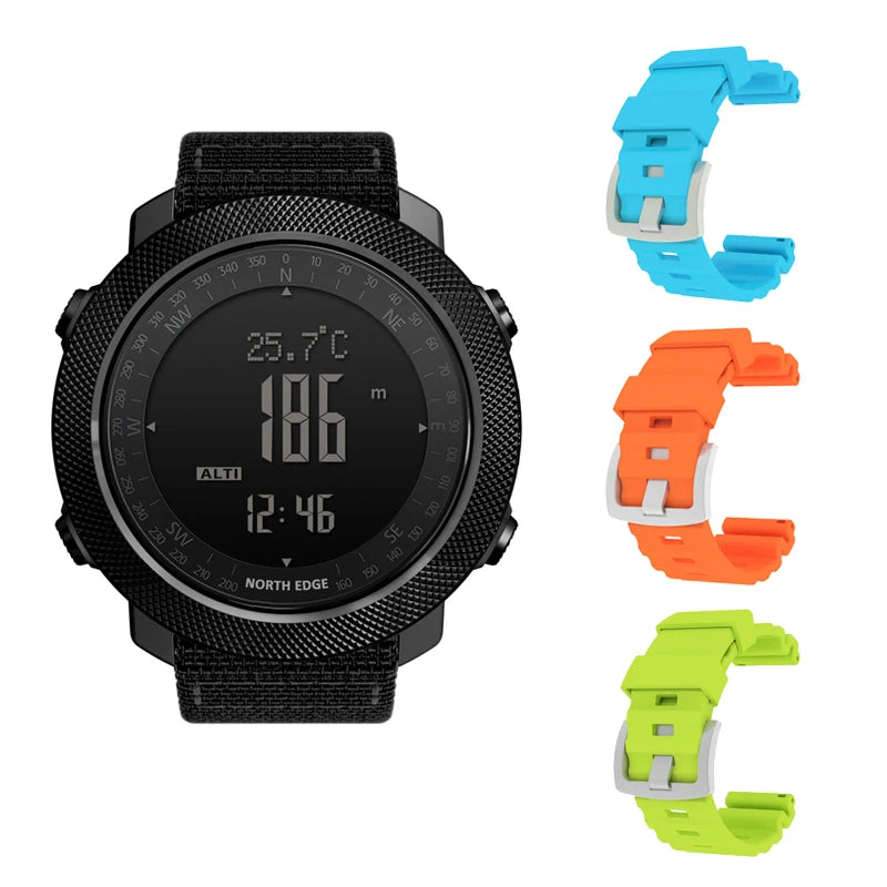 Relógio esportivo digital masculino NORTH EDGE com horímetro, função de corrida e natação, estilo militar, altímetro, barômetro e bússola, à prova d'água até 50 metros.