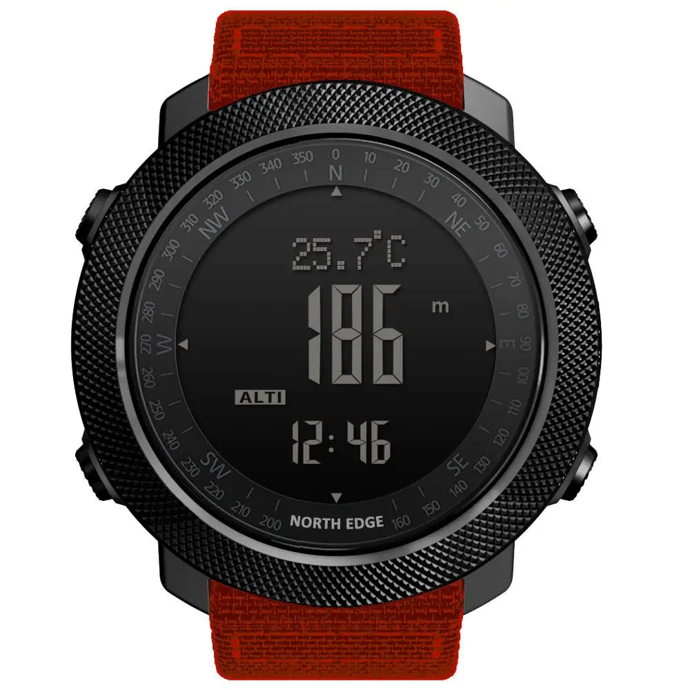 Relógio esportivo digital masculino NORTH EDGE com horímetro, função de corrida e natação, estilo militar, altímetro, barômetro e bússola, à prova d'água até 50 metros.