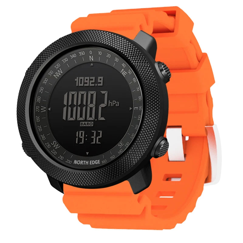 Relógio esportivo digital masculino NORTH EDGE com horímetro, função de corrida e natação, estilo militar, altímetro, barômetro e bússola, à prova d'água até 50 metros.