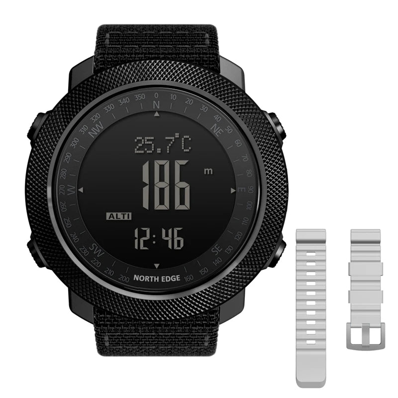 Relógio esportivo digital masculino NORTH EDGE com horímetro, função de corrida e natação, estilo militar, altímetro, barômetro e bússola, à prova d'água até 50 metros.
