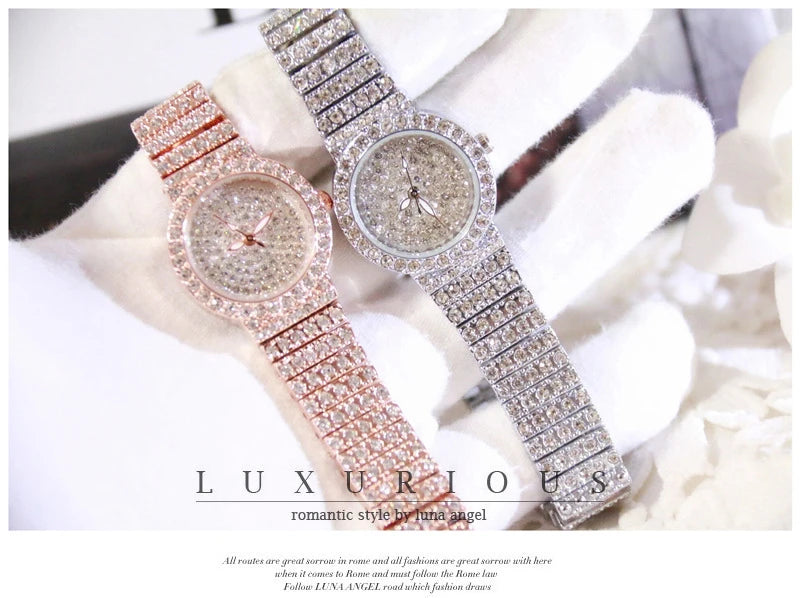 Relógio Feminino de Luxo com Diamantes – Pulseira em Aço Inoxidável Rose Gold
