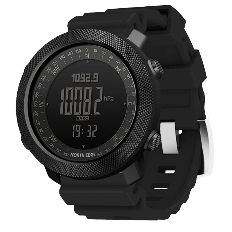 Relógio esportivo digital masculino NORTH EDGE com horímetro, função de corrida e natação, estilo militar, altímetro, barômetro e bússola, à prova d'água até 50 metros.