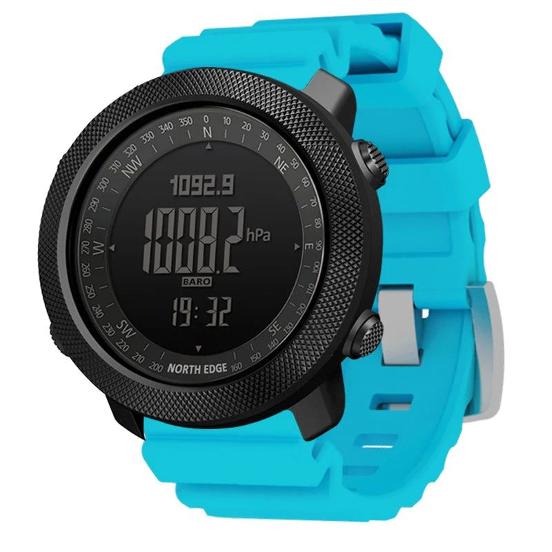 Relógio esportivo digital masculino NORTH EDGE com horímetro, função de corrida e natação, estilo militar, altímetro, barômetro e bússola, à prova d'água até 50 metros.