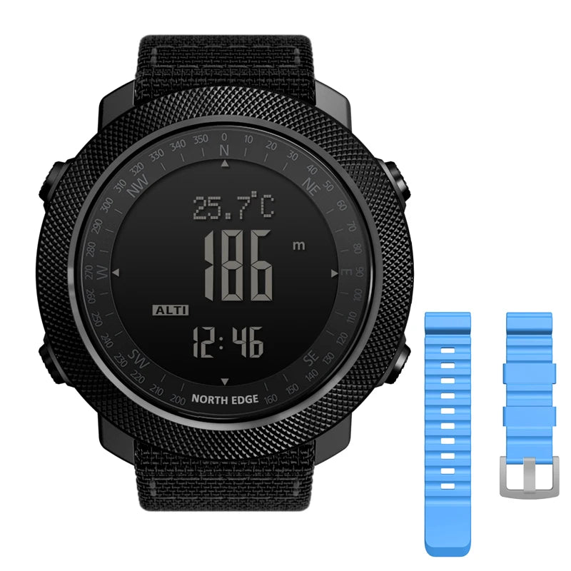 Relógio esportivo digital masculino NORTH EDGE com horímetro, função de corrida e natação, estilo militar, altímetro, barômetro e bússola, à prova d'água até 50 metros.