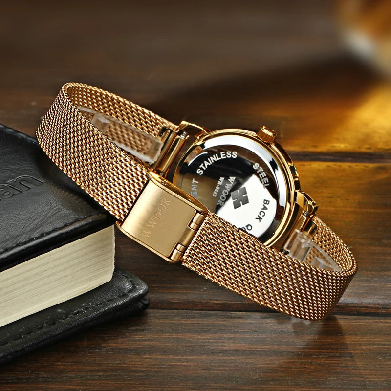 WWOOR Relógio Feminino de Luxo com Pulseira Mesh em Aço Inoxidável – Resistente à Água 3 Bar