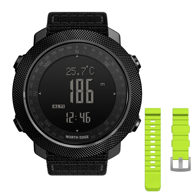 Relógio esportivo digital masculino NORTH EDGE com horímetro, função de corrida e natação, estilo militar, altímetro, barômetro e bússola, à prova d'água até 50 metros.