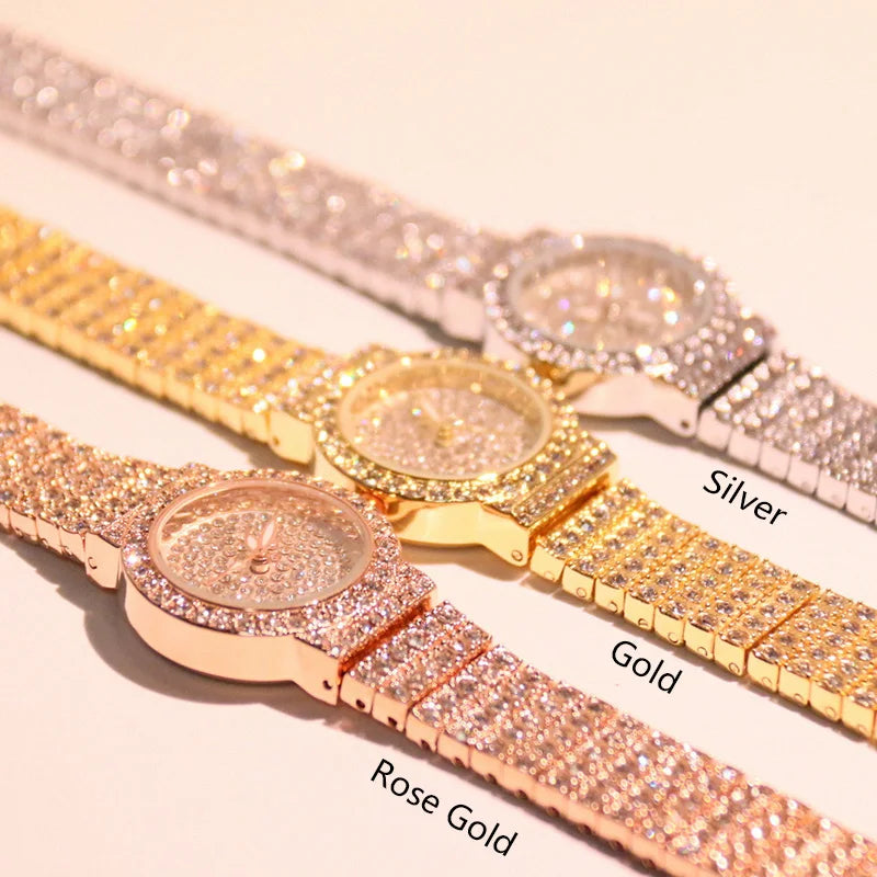 Relógio Feminino de Luxo com Diamantes – Pulseira em Aço Inoxidável Rose Gold