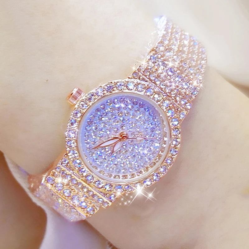 Relógio Feminino de Luxo com Diamantes – Pulseira em Aço Inoxidável Rose Gold
