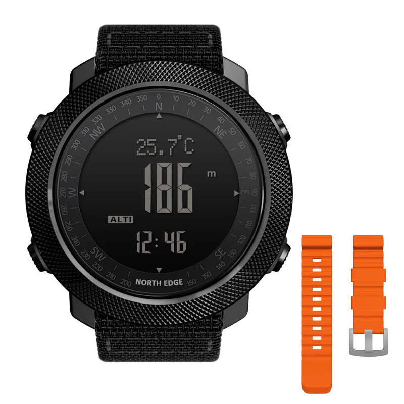 Relógio esportivo digital masculino NORTH EDGE com horímetro, função de corrida e natação, estilo militar, altímetro, barômetro e bússola, à prova d'água até 50 metros.