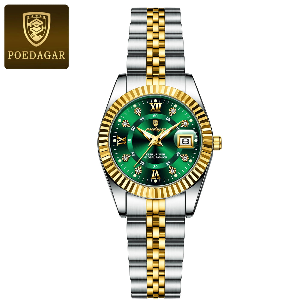 Relógio feminino de luxo POEDAGAR, à prova d'água, em aço inoxidável, com mostrador luminoso e data. Relógio de quartzo elegante e moderno para mulheres.