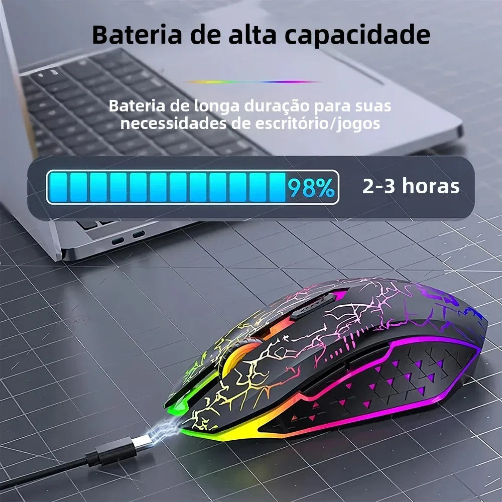 Mouse Bluetooth 5.2 RGB 2.4G Sem Fio com Modo Duplo para Jogos, 6 Botões, Silencioso, para MacBook, Tablet, Laptop e Computador.