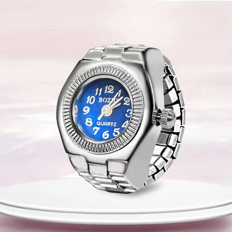 Relógio de dedo vintage punk, mini relógio de liga metálica com pulseira elástica, anel para casal, joia retrô, relógio de quartzo romano, anel feminino masculino