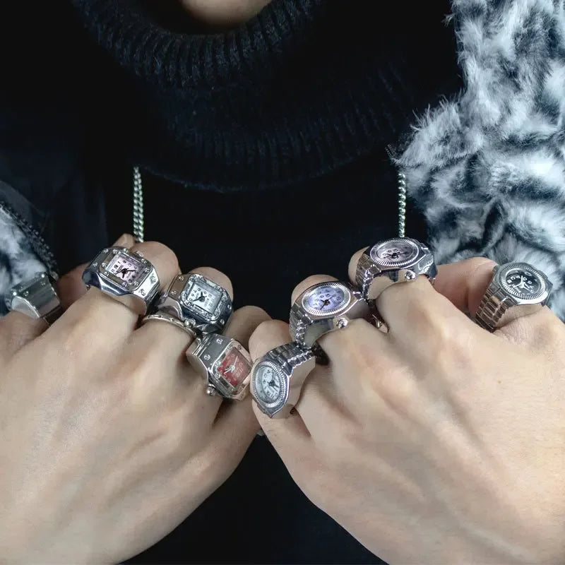 Relógio de dedo vintage punk, mini relógio de liga metálica com pulseira elástica, anel para casal, joia retrô, relógio de quartzo romano, anel feminino masculino