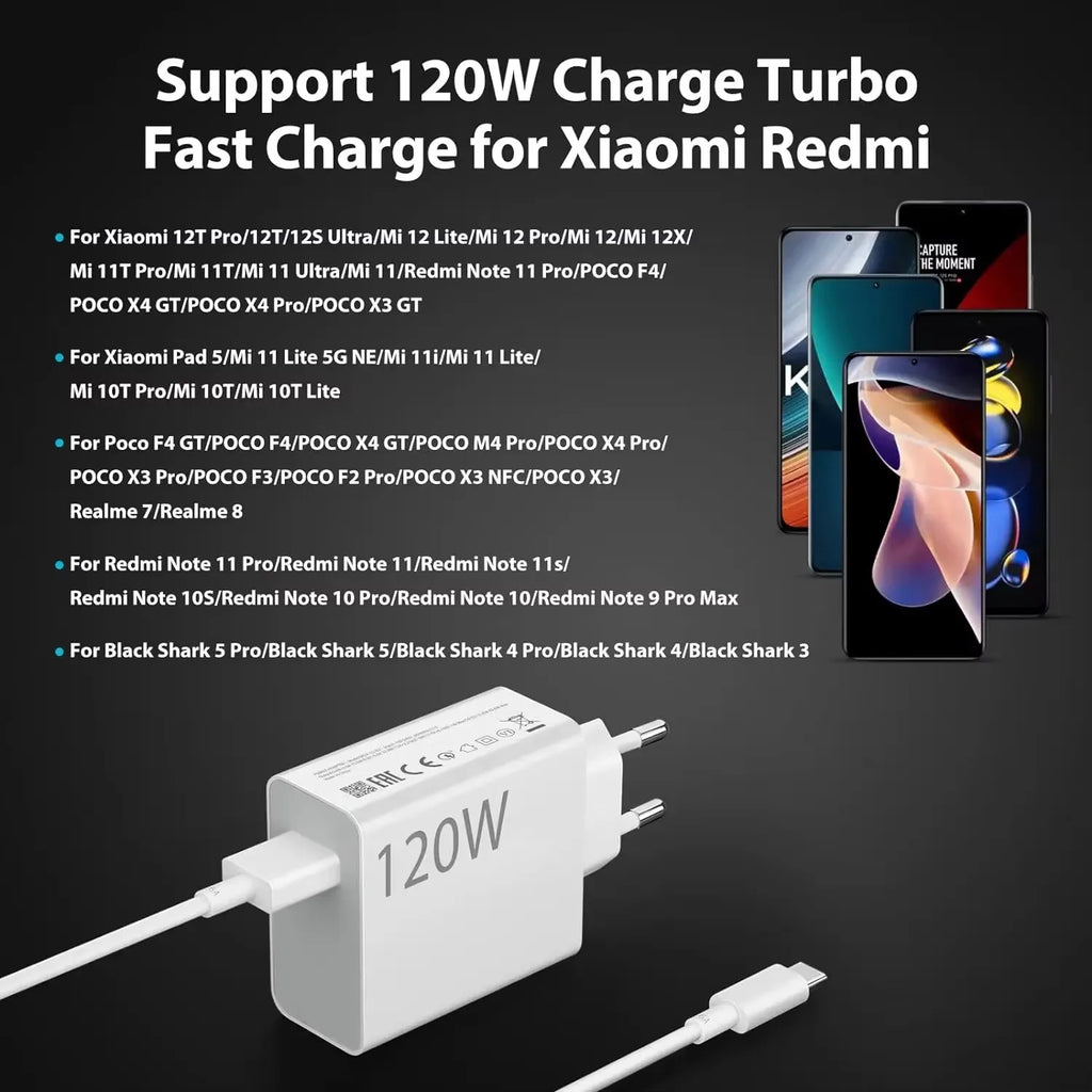 Carregador USB rápido de 120 W para Xiaomi 11 12 13 14 Redmi Note 11T 12 12T 13 14 Pro POCO F4 F5 X4 X5 X6 com cabo de carregamento turbo tipo C de 6 A