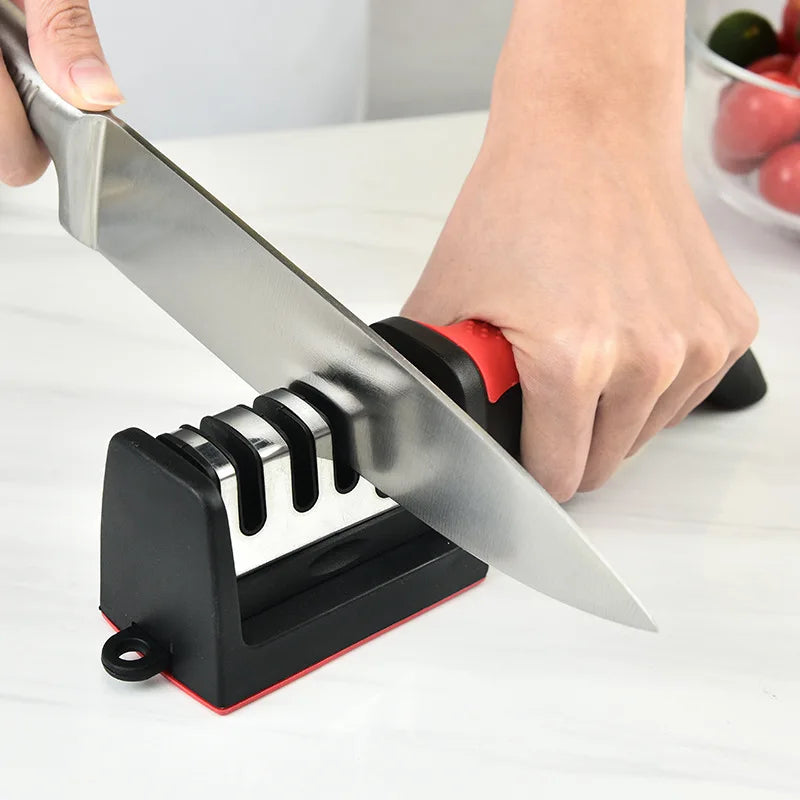 Afiador de facas de cozinha multifuncional de 4 segmentos, portátil, com pedra de afiar preta.