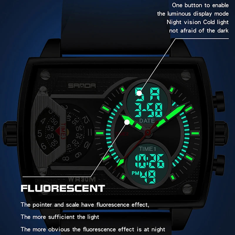 Gold Big Dial Three Time Men Wrist Watches Stainless Steel Men Sports Digital Military Quartz Watch Luminous Male Clock Dropship