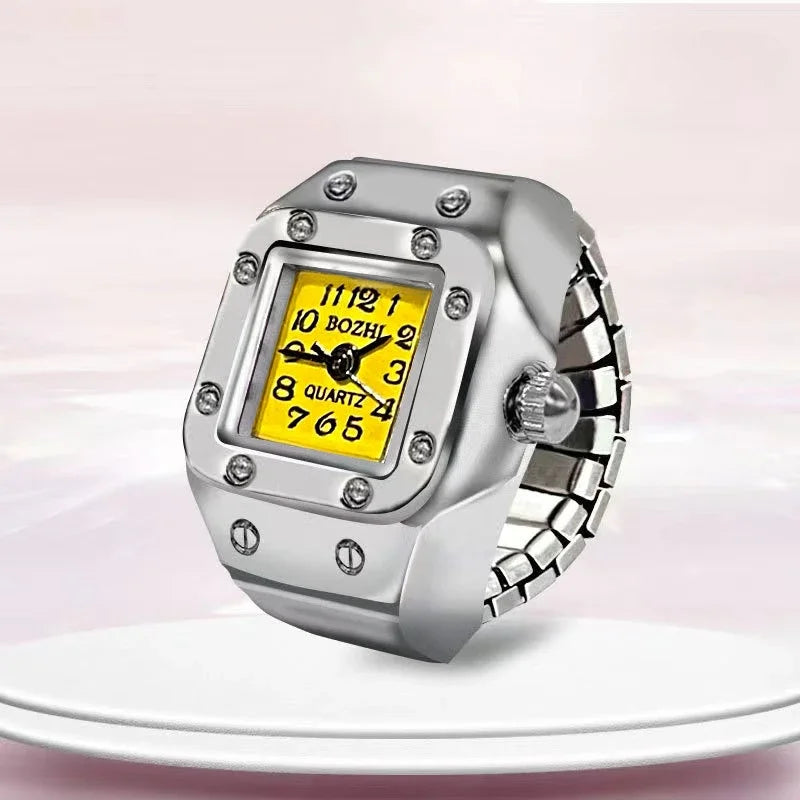 Relógio de dedo vintage punk, mini relógio de liga metálica com pulseira elástica, anel para casal, joia retrô, relógio de quartzo romano, anel feminino masculino
