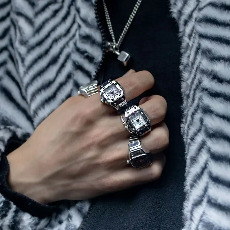 Relógio de dedo vintage punk, mini relógio de liga metálica com pulseira elástica, anel para casal, joia retrô, relógio de quartzo romano, anel feminino masculino