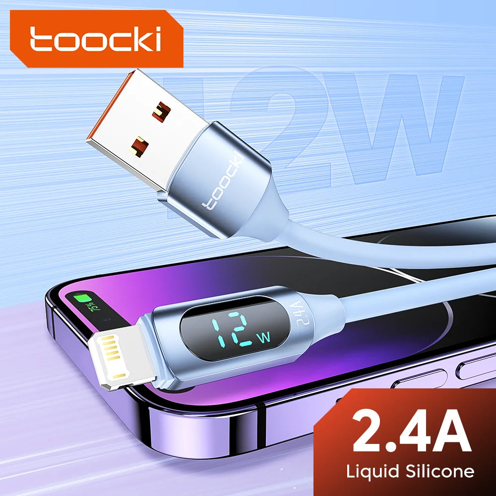 Cabo USB Toocki 2.4A para iPhone 12 13 14 Pro Max X XR Xs SE 7 8 Plus, USB para Lightning, carregamento rápido, cabo digital com tela para iOS
