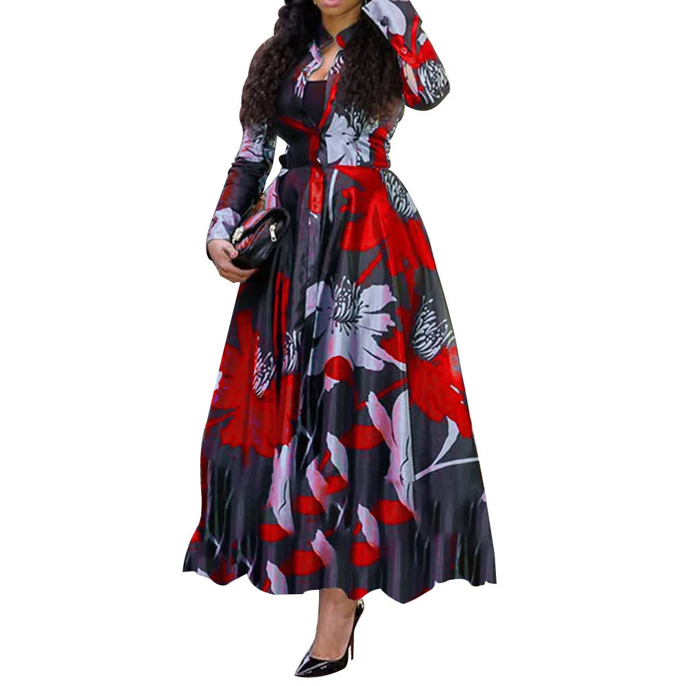 Retro Print Large Maxi Dress Women's Fashion Elegant Office Women's Long Dresses Spring Autumn Casual Long-sleeve Slim Vestidos