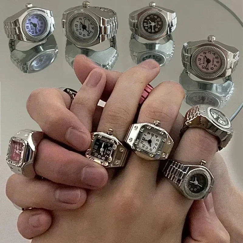 Relógio de dedo vintage punk, mini relógio de liga metálica com pulseira elástica, anel para casal, joia retrô, relógio de quartzo romano, anel feminino masculino