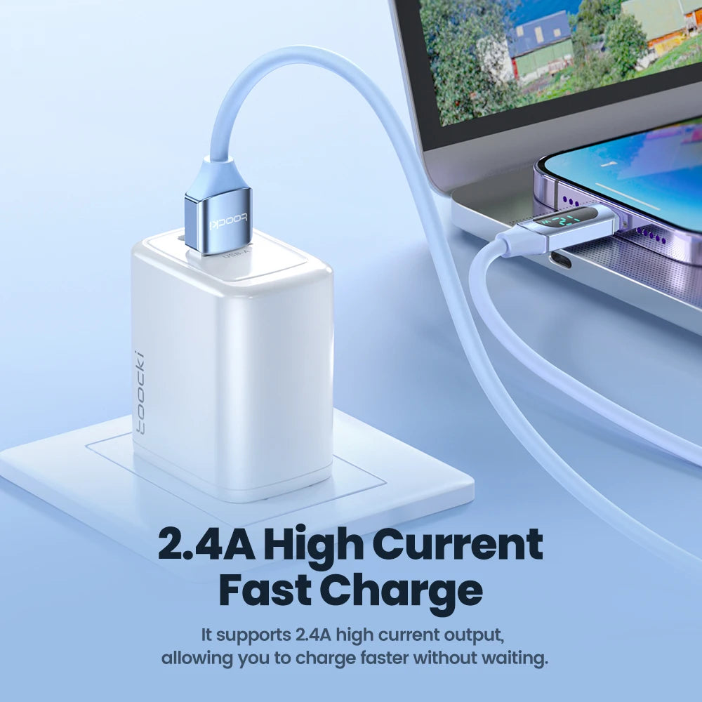 Cabo USB Toocki 2.4A para iPhone 12 13 14 Pro Max X XR Xs SE 7 8 Plus, USB para Lightning, carregamento rápido, cabo digital com tela para iOS