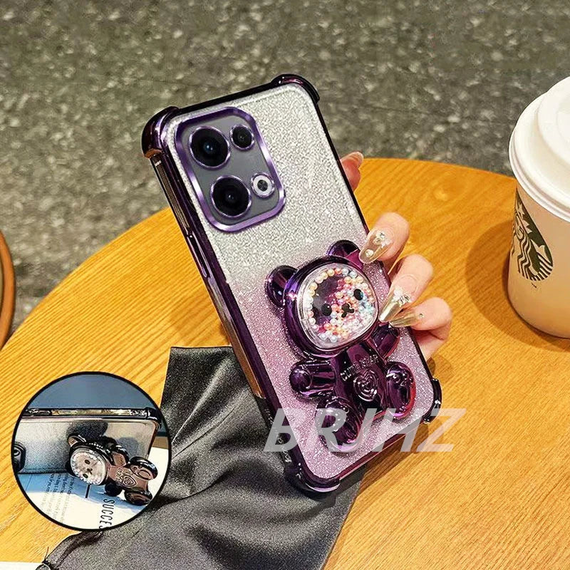 Capa transparente com suporte para urso fofo e resistente a impactos, com detalhes brilhantes, para Tecno Spark 40 Pro Plus, Spark 20, 20C, 10 Pro, 10C e 8C.