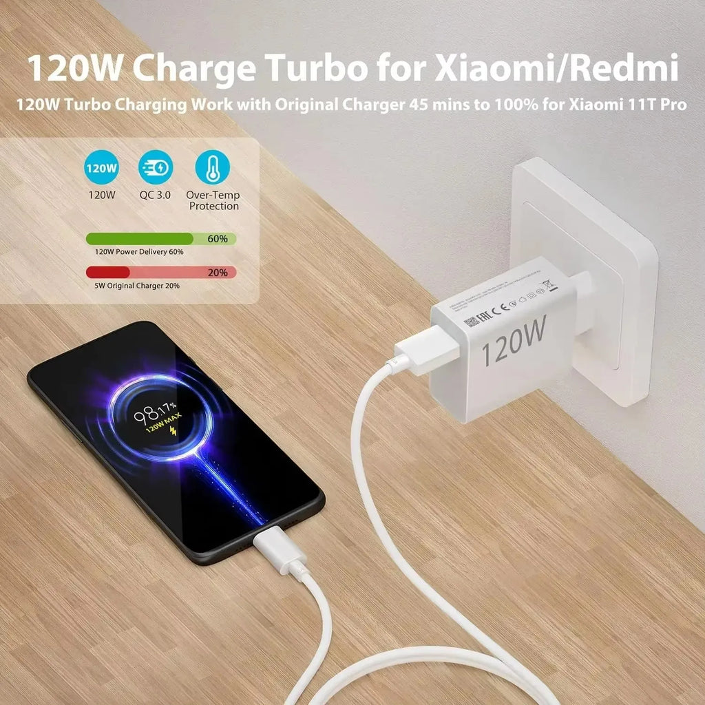 Carregador USB rápido de 120 W para Xiaomi 11 12 13 14 Redmi Note 11T 12 12T 13 14 Pro POCO F4 F5 X4 X5 X6 com cabo de carregamento turbo tipo C de 6 A
