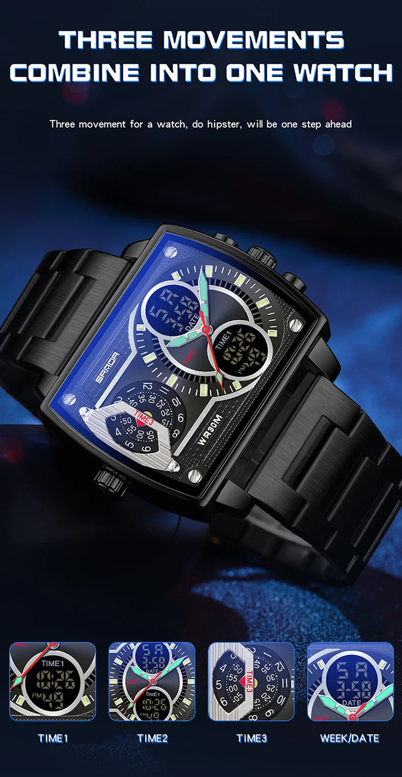 Gold Big Dial Three Time Men Wrist Watches Stainless Steel Men Sports Digital Military Quartz Watch Luminous Male Clock Dropship