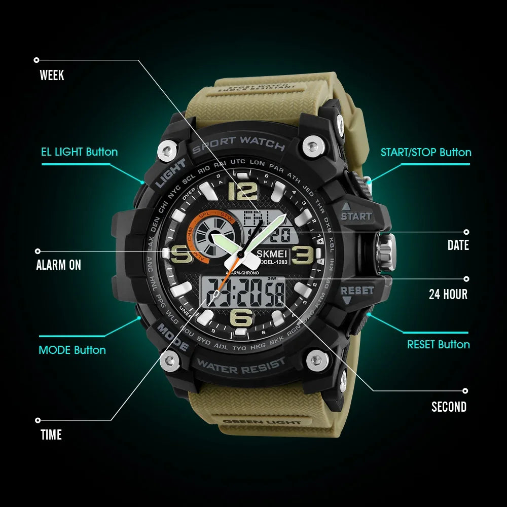 SKMEI 1283 Quartz Digital Watch Men Military Waterproof Sports Mens Watches Luxury Brand Reloj two Time Electronic Wristwatches