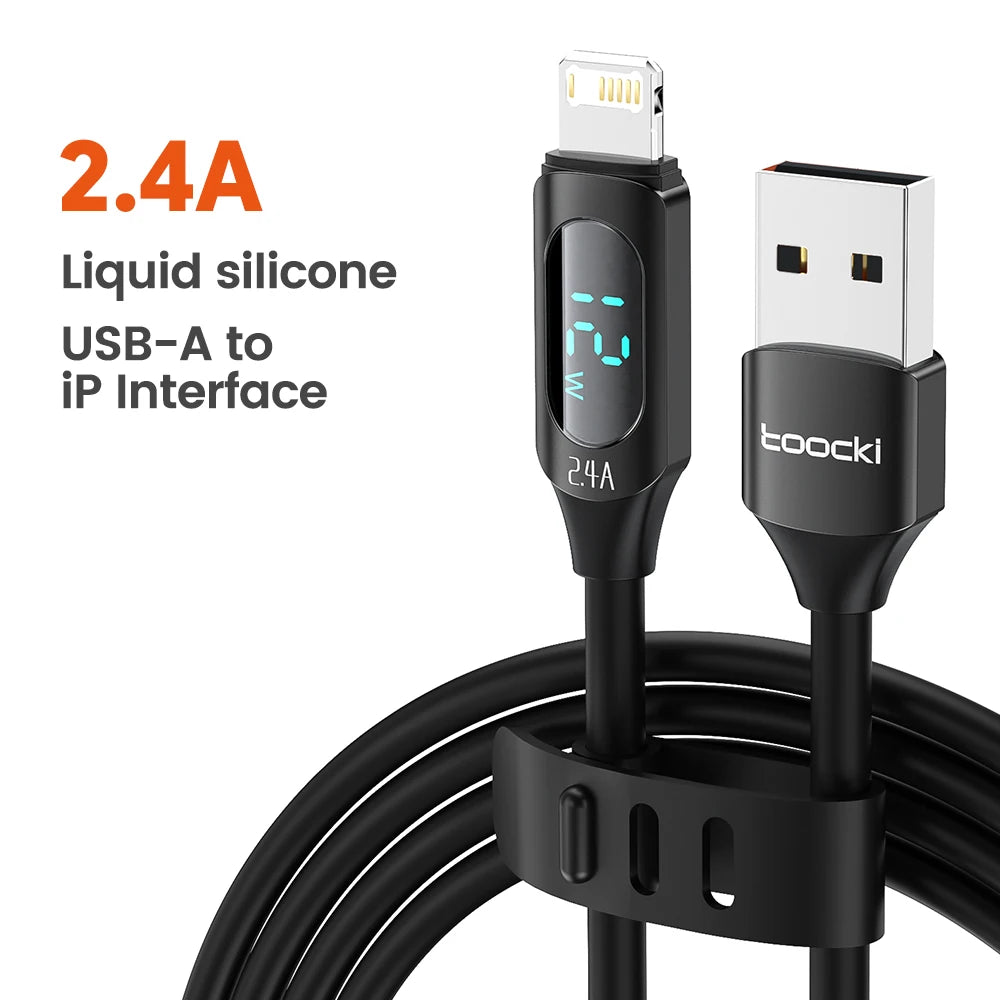 Cabo USB Toocki 2.4A para iPhone 12 13 14 Pro Max X XR Xs SE 7 8 Plus, USB para Lightning, carregamento rápido, cabo digital com tela para iOS