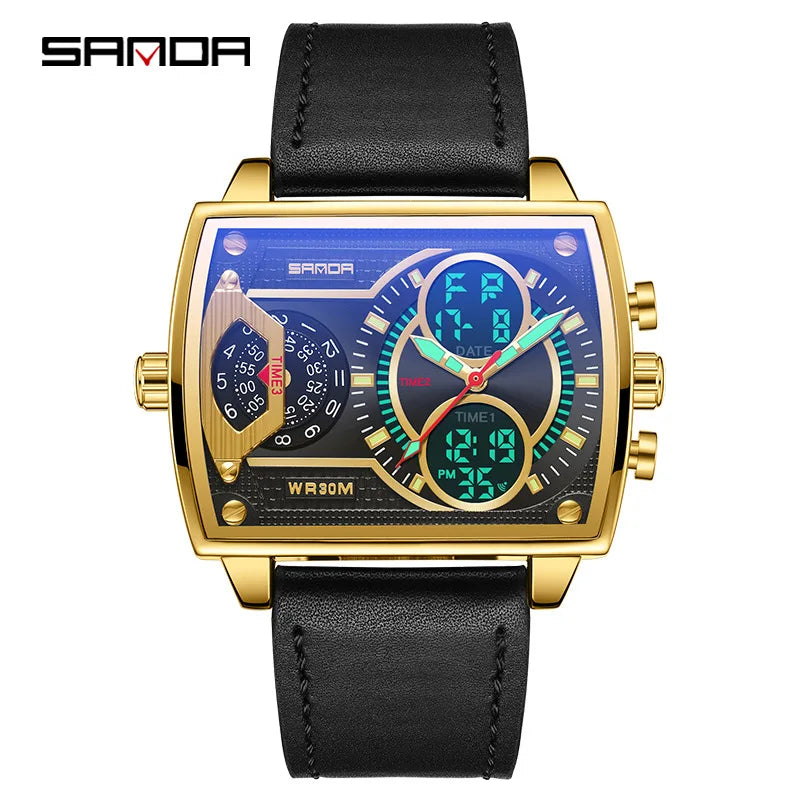 Gold Big Dial Three Time Men Wrist Watches Stainless Steel Men Sports Digital Military Quartz Watch Luminous Male Clock Dropship