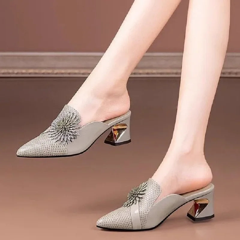 Sapatos Femininas Women Cute Pointed Toe Beige Spring & Summer Slip on Stiletto Heel Shoes Lady Cool Comfort Stylish Pumps E1361