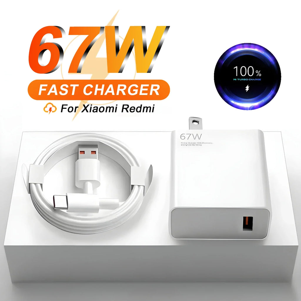 Carregador ultrarrápido de 67W e 6A com plugue americano para Xiaomi 10T, 11, 12 Lite, 13T, Redmi Note 10, 11T, 12T, 13, POCO X4, X5 e F5. Cabo de carregamento USB tipo C.