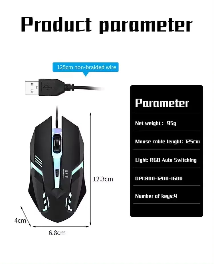 Mouse gamer com fio USB retroiluminado por LED, modelo 20251 PC ITLY M01, para desktop, laptop e computador de escritório.