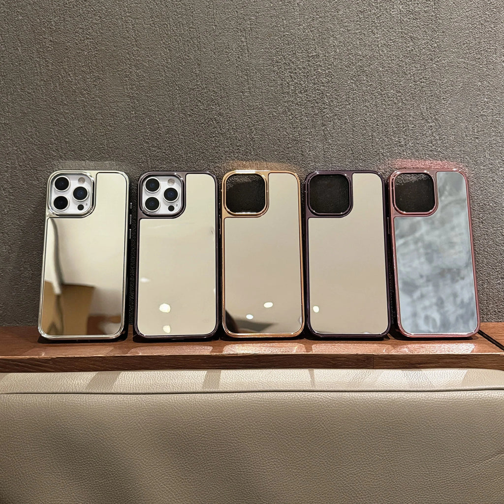 Capa de celular luxuosa com espelho de maquiagem e acabamento cromado para iPhone 17 Air, 16, 15, 14 Plus, 13, 12 Pro Max e 11. Capa protetora macia e resistente a impactos.