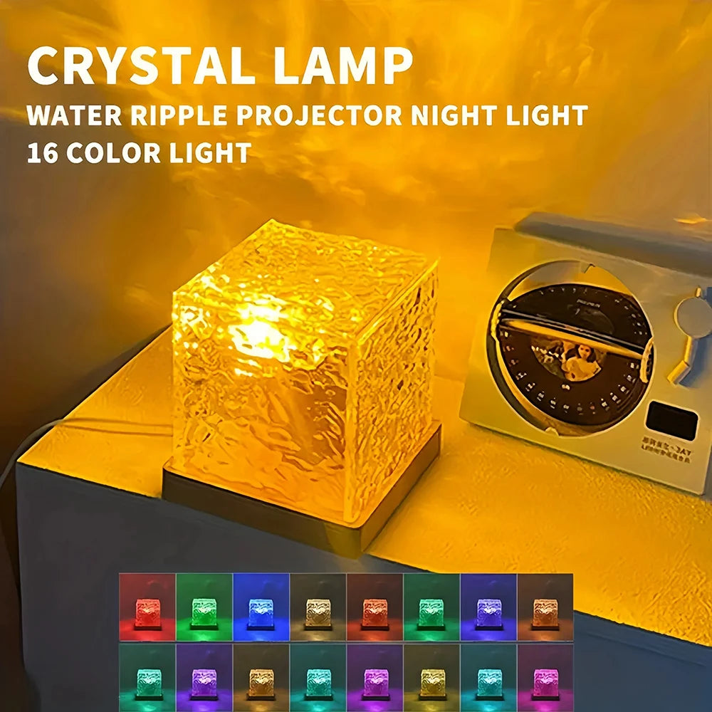 Luminária de mesa giratória com efeito de ondulação na água em 16 cores RGB, ideal para criar atmosfera no quarto com luz e sombra. Também funciona como luz noturna de cabeceira.