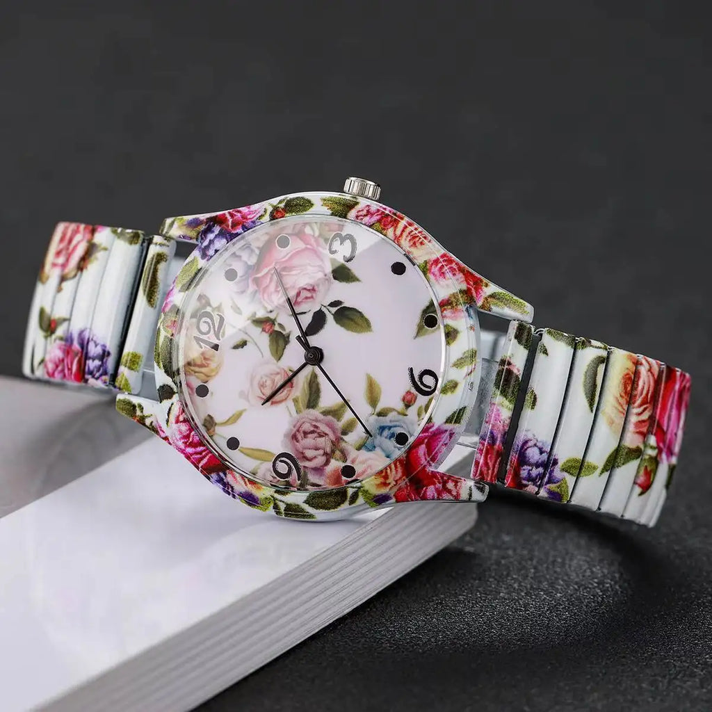 Relógio Feminino com Estampa Floral e Pulseira Elástica – Quartzo Fashion
