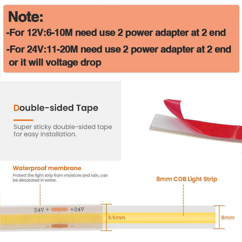 IP68 Waterproof COB Strip 12V 24V 320Leds/M RA90 3000K 4000K 6000K Home Garden Decor Flexible Ribbon Rope LED Light 1M 10M 20M