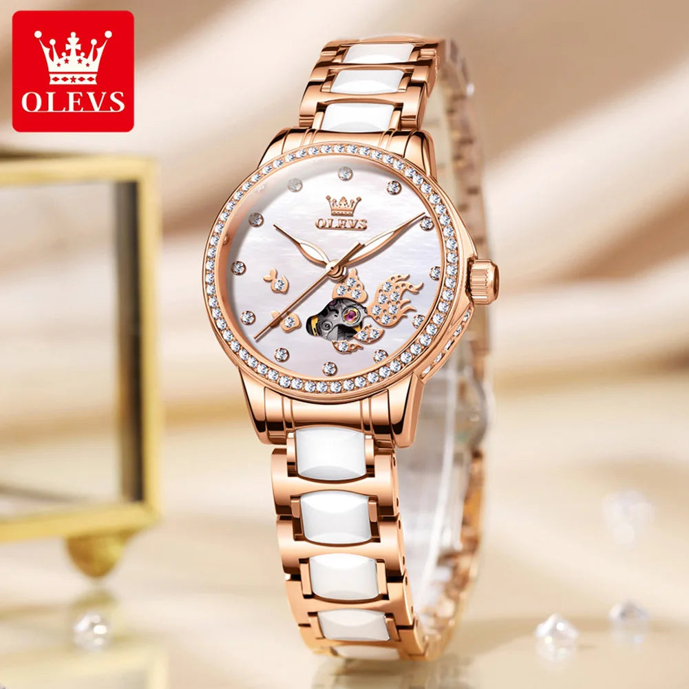 OLEVS Relógio Feminino Automático Mecânico em Aço Inoxidável – Resistente à Água 3 Bar