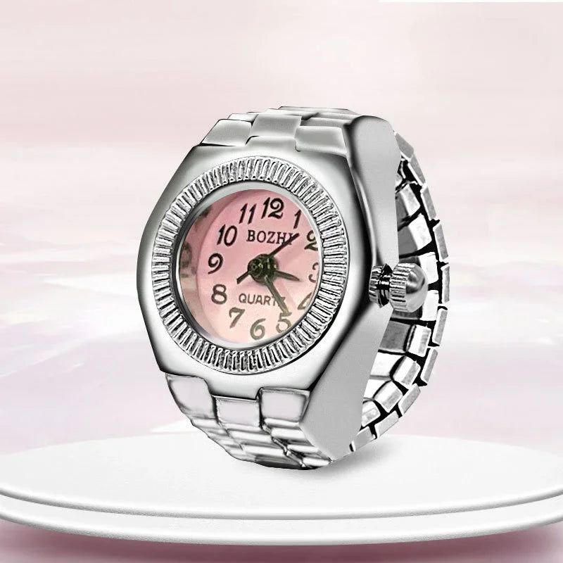 Relógio de dedo vintage punk, mini relógio de liga metálica com pulseira elástica, anel para casal, joia retrô, relógio de quartzo romano, anel feminino masculino