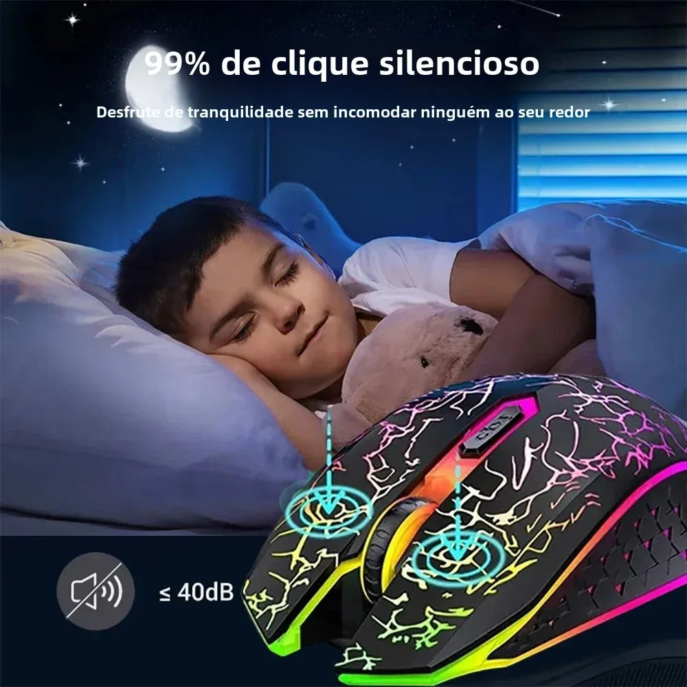 Mouse Bluetooth 5.2 RGB 2.4G Sem Fio com Modo Duplo para Jogos, 6 Botões, Silencioso, para MacBook, Tablet, Laptop e Computador.