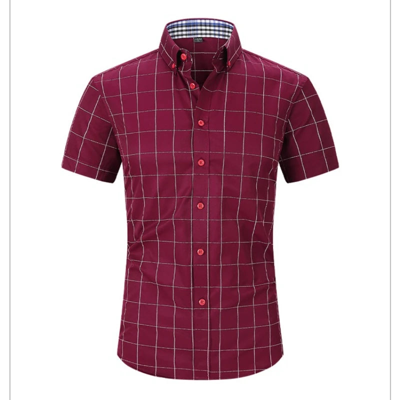 Men's Cotton Plaid Shirts Short Sleeves Soft Regular Fit Formal Dress Shirt Men Social Blouse Tops Summer Business Male Clothes